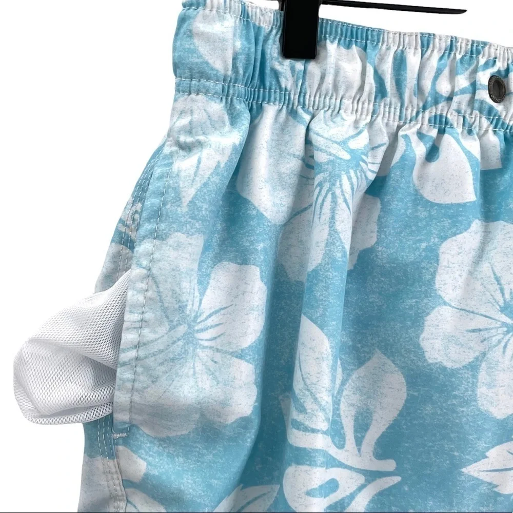 IslandHaze Surf Swim Trunks Light Blue & White Floral Print Short Length | XL